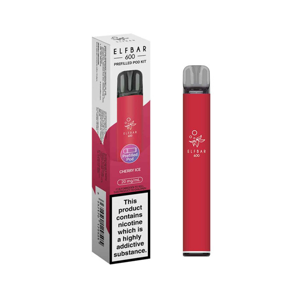 Elf Bar 600 cherry ice pod vape kit with a white background.