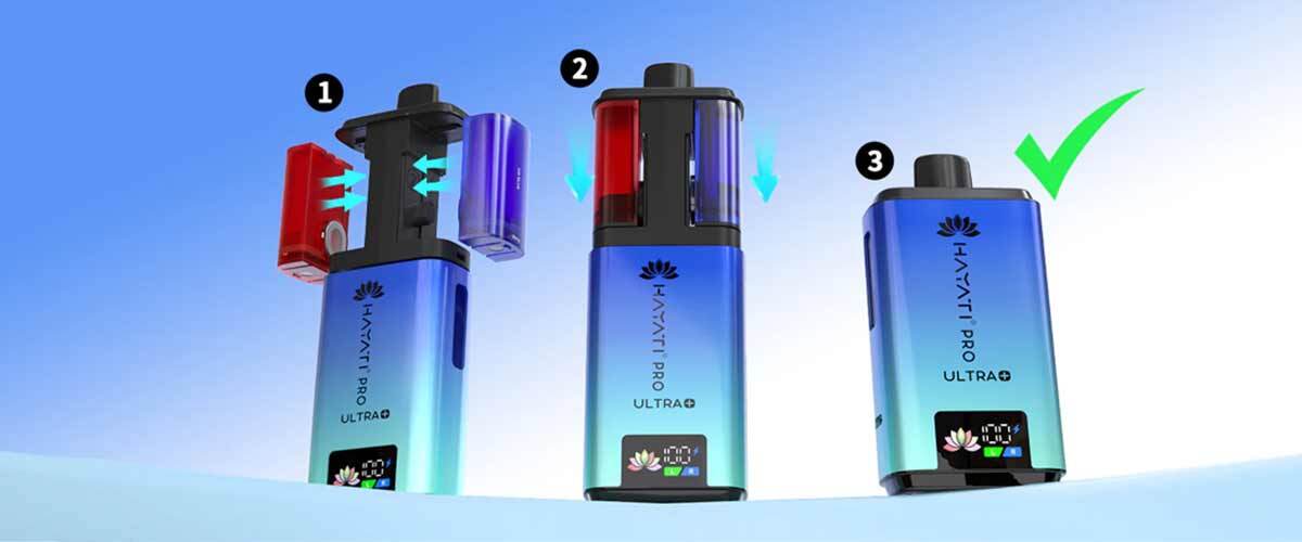 Step-by-step visual guide showing how to attach and install red and blue pods into the Hayati Pro Ultra Plus 25K device. 