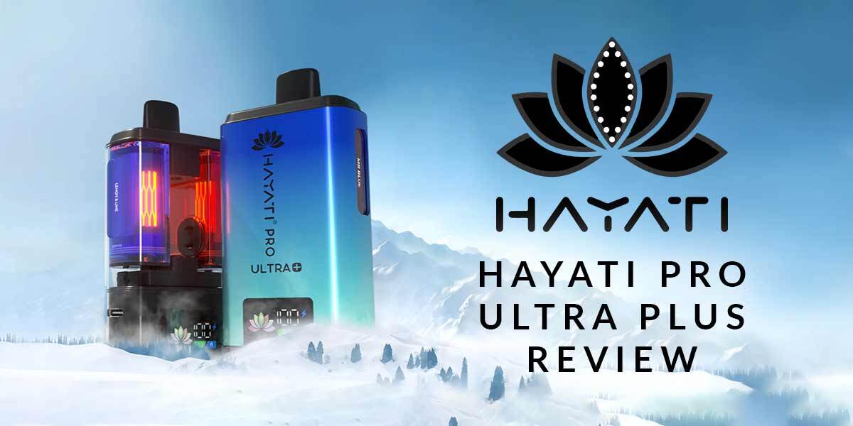 Hayati Pro Ultra Plus blue kit and black kit showing the device setup with a mountain range design alongside the banner title and brand name.