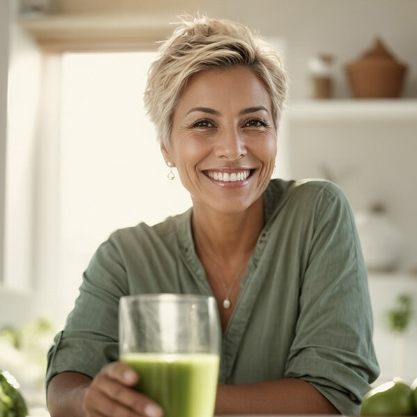 Woman Smiling With Short Hair and a Healthy Drink