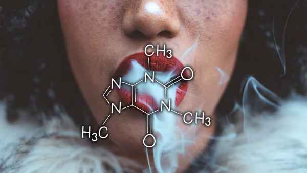 Woman breathing out vapour with chemical icon over it