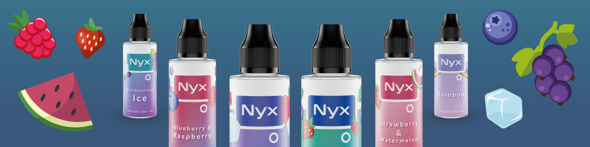 Multiple Nyx Shortfill E-Liquid Bottles and Variety of Fruits Multiple Nyx Shortfill E-Liquid Bottles and Variety of Fruits