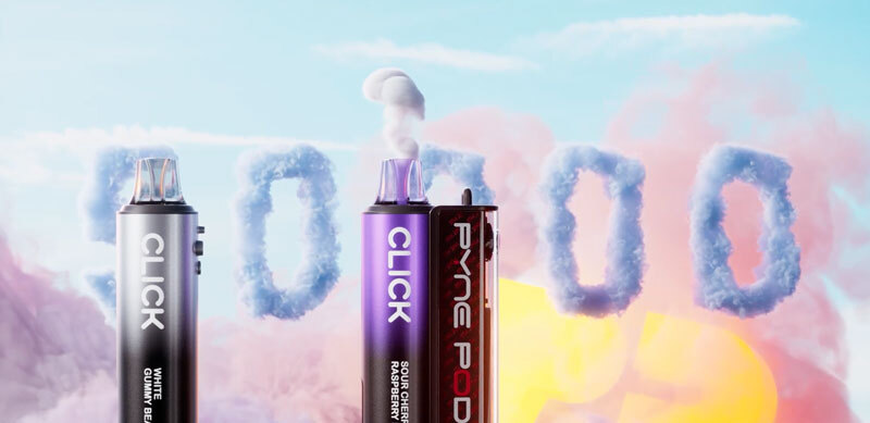 Pyne Pod Click vape kits in front of a cloud display spelling out 50000 puffs