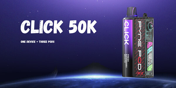 Pyne Pod Click 50K vape kit with Fresh Raspberry Mojito flavour against a galaxy background