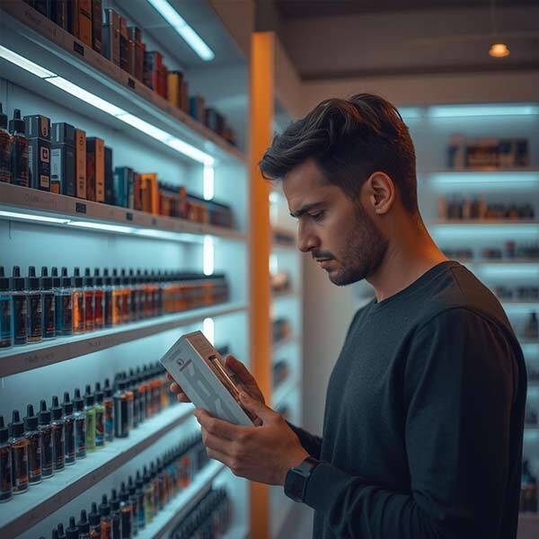 Shopper checking the box in a vaping store.