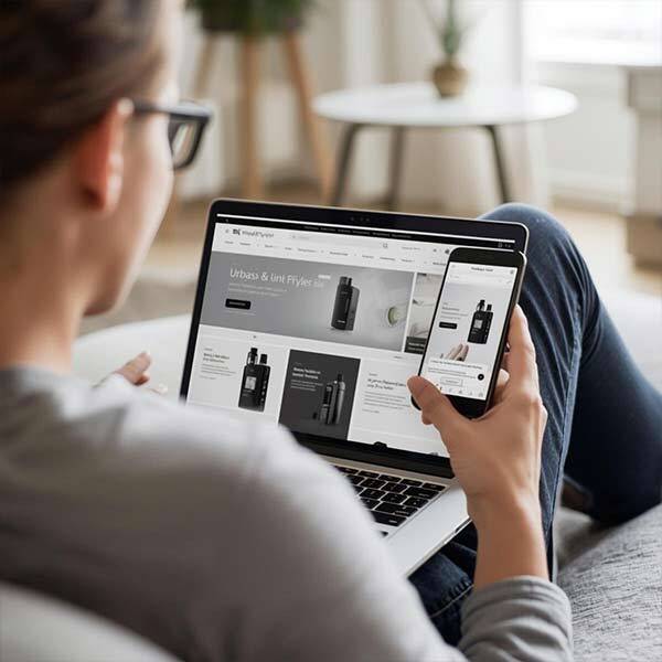 Female checking a website on mobile and laptop.