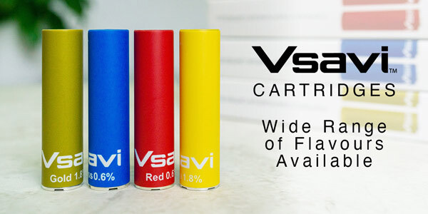 Vsavi vape cartridge flavour and nicotine strength mix Mixture of Vsavi vape cartridge flavours and nicotine strengths, including red tobacco, gold tobacco, congress and sahara on a desk next to packaging with a decorative banner background alongside the title.