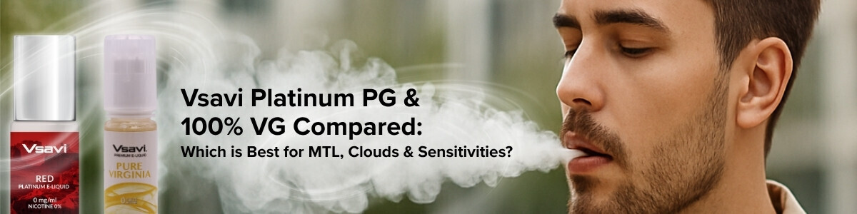 Vsavi Platinum vs 100% VG vape juice comparison banner Vsavi Platinum and Vsavi 100% VG vape juice bottles compared alongside man vaping