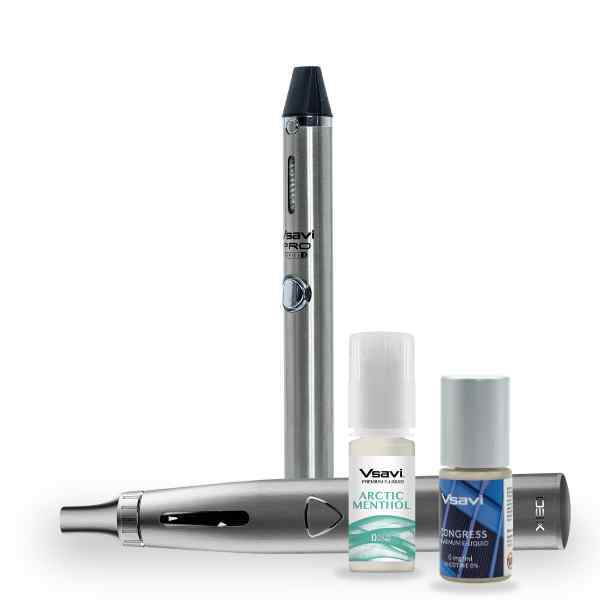 Vsavi Pro Series 3 stainless steel standing with silver Xeo Void device laid down in front, alongside Vsavi Platinum Confress and Vsavi 100% VG Arctic Menthol 10ml bottles. Vsavi Pro Series 3 and Xeo Void with Vsavi Platinum and Vsavi 100% VG vape juice