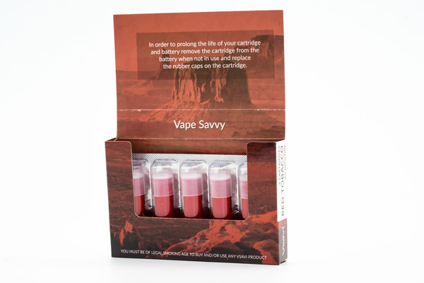 Vsavi red tobacco cartridge pack opened The Vsavi Red tobacco bestselling cartridge pack opened to highlight the five cartridges inside each pack, the branding and the package text inside.