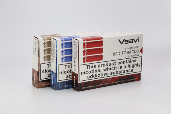 Vsavi vape cartridge flavours Three Vsavi cartridge flavours in packs of five including red tobacco, congress and coffee on a white background.