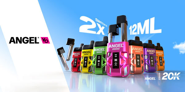 A vibrant banner displaying the full colour range of Angel 20K devices arranged in a line, each with the refill pod attached. Shown alongside text and the brand Vapes Bars logo. 