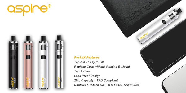 Mix of Aspire Pockex kits with key features highlighted.