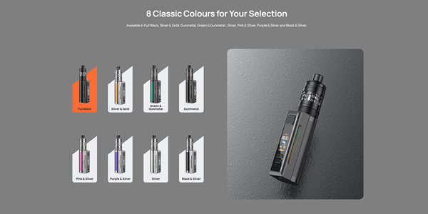 Aspire Zelos M80 eight different kit colours on a grey background.