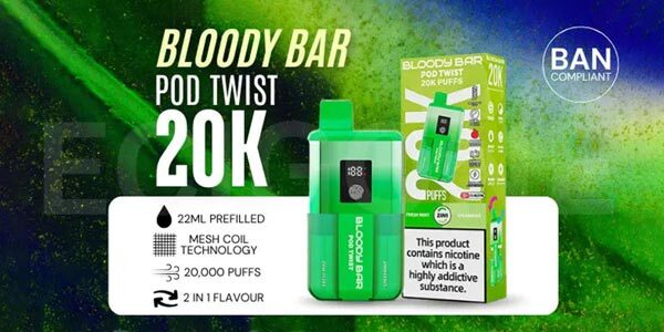 Bloody Bar Twist Ultra kit and pod duo Bloody Bar Twist Ultra kit and pod connected and shown alongside the packaging.