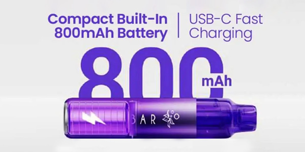 Elf Bar Plus 50 purple edition kit showing the 800mAh internal battery on a grey background.