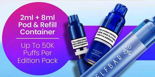 Elf Bar Plus 50 2ml prefilled pod and 8ml container with the kit on a coloured background.