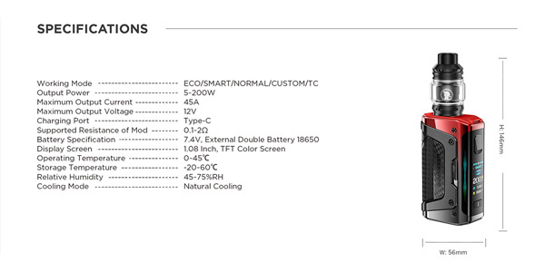 Geekvape Aegis Legend 5 next to the key specifications on a white background.