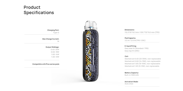 Aspire Pixo Aura Key Specifications
