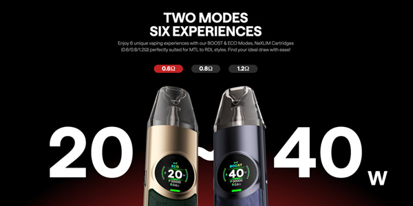 Two Oxva Nexlim vape kits with different colours and wattage levels on a decorative background.
