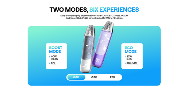 Two Oxva Nexlim Go pod kits with descriptions of the two power modes, boost and eco.