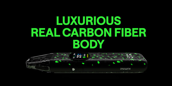 The Oxva Xlim Pro 2 DNA Kit Laid on Its Side in a Decorative Banner With a Black Background and Green Text