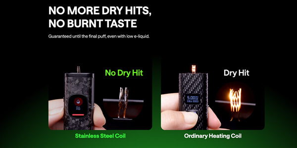 Side-by-side comparison showing an OXVA Xlim stainless steel coil with no dry hit versus a standard heating coil with visible burn, highlighting smooth flavour until the last puff.