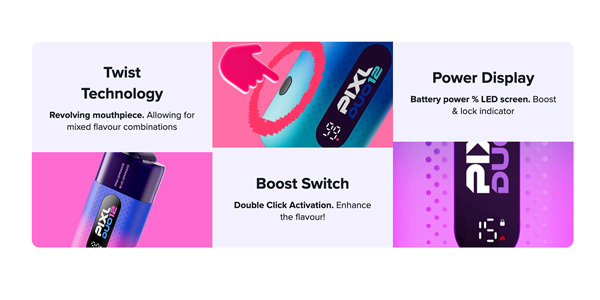 Pixl Duo 12 device and best features including power options highlighted on a colourful background.