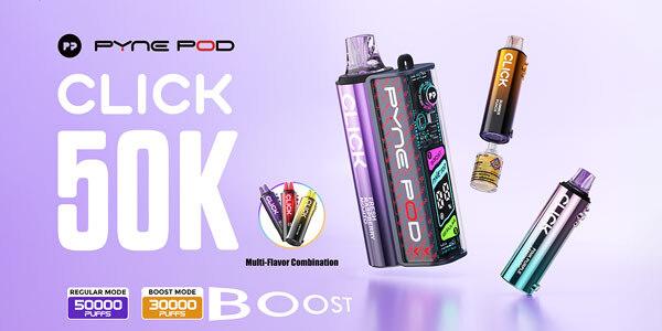 Pyne Pod Click refill pods and kit on a purple background banner.