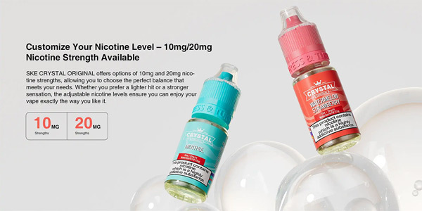 Mint and strawberry nic salt bottles with 10mg and 20mg strength icons and nicotine level info.