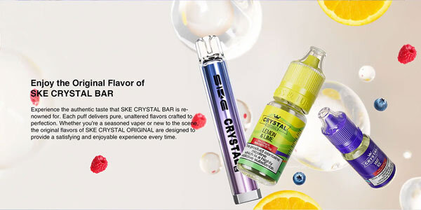 SKE Crystal Bar disposable with nic salt e-liquid bottles showcasing authentic flavour recreations.