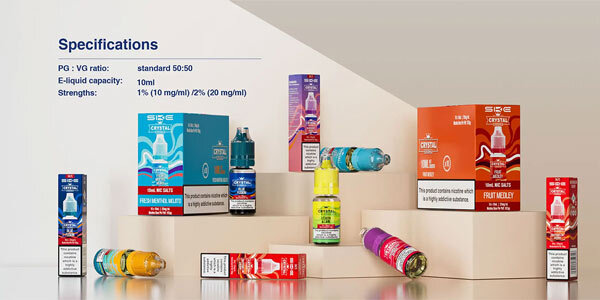 SKE Crystal Bar disposable with nic salt e-liquid bottles showcasing authentic flavour recreations.