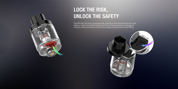 Smok RPM 85 empty pod lock system Smok RPM empty pod lock and unlock design on a black background banner.