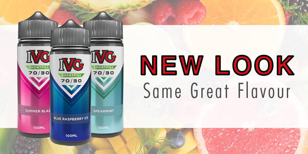 IVG shortfill 100ml favourites Three IVG 100ml shortfill bottles lined up on a decorative background banner.