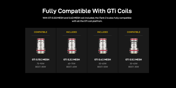 Collection of the Vaporesso GTi coils to use with the Vaporesso iTank T on a black background banner, highlighting the different resistance options.
