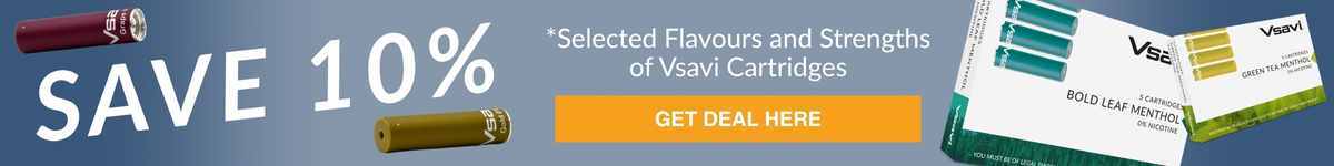 Vsavi vape cartridges packs of 5 offer of extra 10% for V2 UK off on a white background, including two loose cartridges and the bold leaf menthol plus green tea menthol packaging.