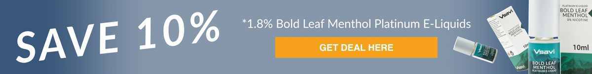 Vsavi Platinum Bold Leaf Menthol E-Liquid Bottle and Packaging With Save 10% Sign and Terms on Blue Background Banner