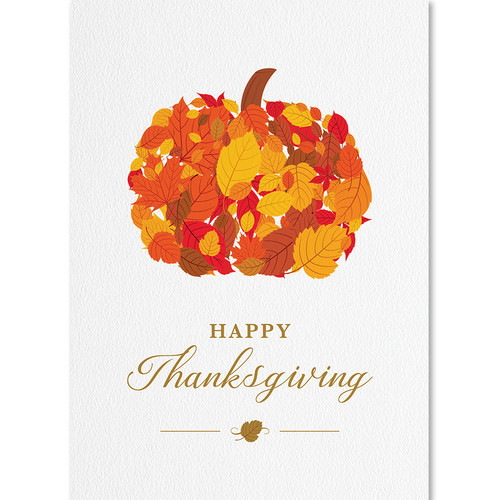 Matte holiday card featuring an orange and yelllow pumpkin with holiday leaves and gold foil accents.