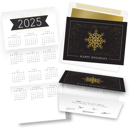 Wall Street Greetings Gold Shimmering Snowflake 2025 Calendar Card
