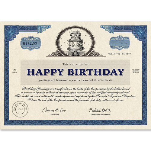 Wall Street Greetings birthday card featuring a financial stock certificate design.