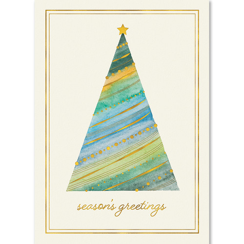 Water color Christmas tree with foil decor and Season's Greetings to send to your clients