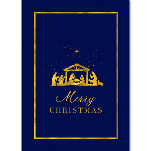 Christmas nativity scene is featured in foil on a navy background creating an elegant way to say Merry Christmas