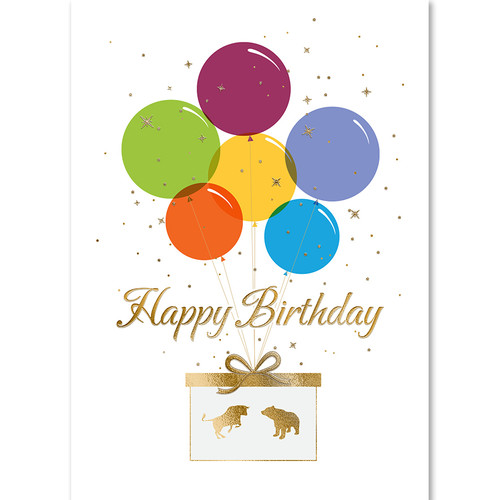 Wall Street Greetings bull and bear present and balloons birthday card design.