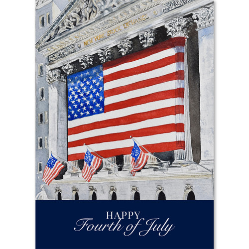 Wall Street Greetings Fourth of July card featuring an American flag on the NYSE building painting.