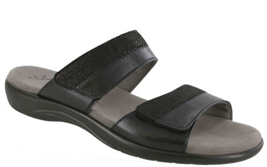 SAS Women's Nudu Sandalo Donna Tacco Basso – Pelle E Tessuto, Plantare Tripad, Comfort All Day, Midnight 9.5 W