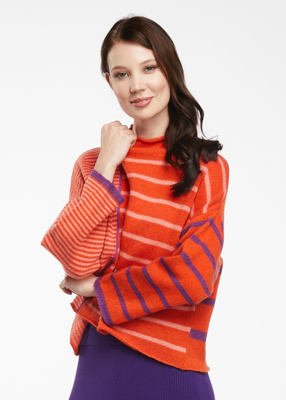 red and navy striped jumper