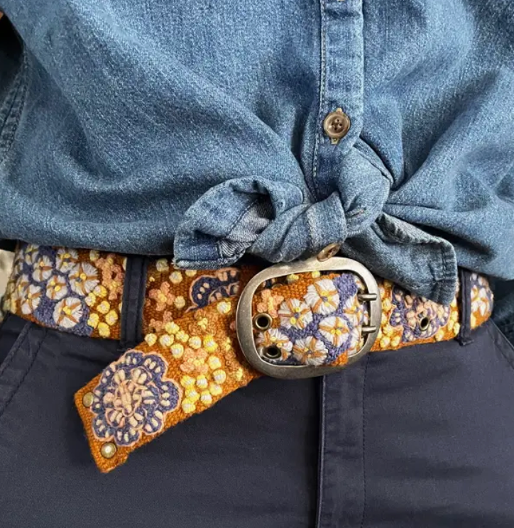 POL BELT181 Embroidered Floral Belt - Blue and Yellow 47” long display picture 3