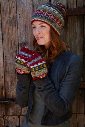 Classic Fair Isle Wool Knit Fingerless Glove Mitts Red Rust