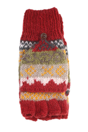 Classic Fair Isle Wool Knit Fingerless Glove Mitts Red Rust