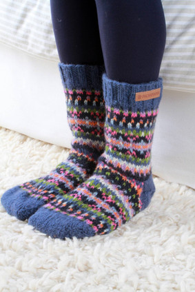 Iona Knitted Wool Fair Isle Lounge Sofa Socks Denim Blue